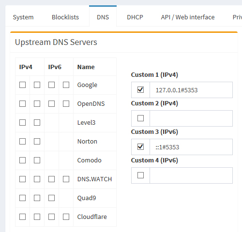 Pi-hole Admin Console - Setting : DNS,Upstream Servers from Piｰhole